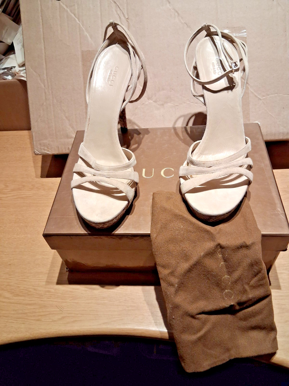 NIB GUCCI BEIGE SUEDE PYTHON LEATHER HEEL SANDALS PUMPS 9.5 #190885